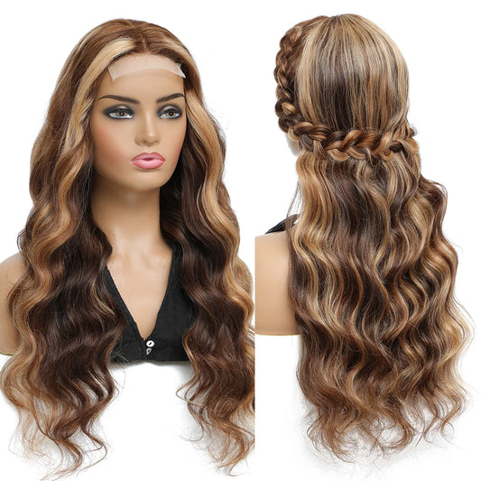 Brown Highlight Body Wave T Part Lace Front Wig 100% Human Hair